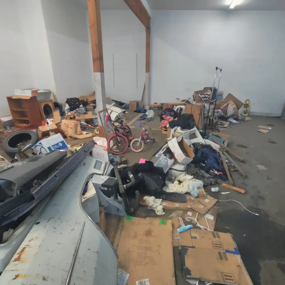 Cluttered commercial space during a South Salem property cleanout