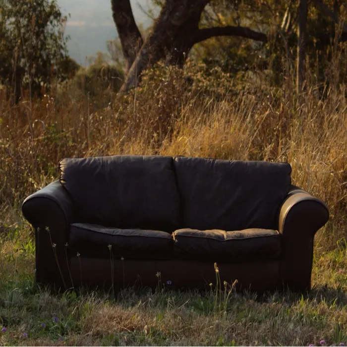 A single two-seater couch set out curbside for Ross Junk Removal single item pickup